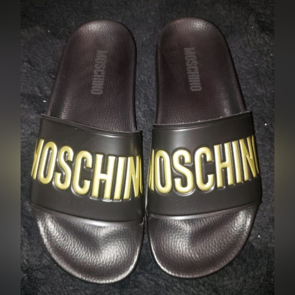Moschino Black Slides with Gold Accents